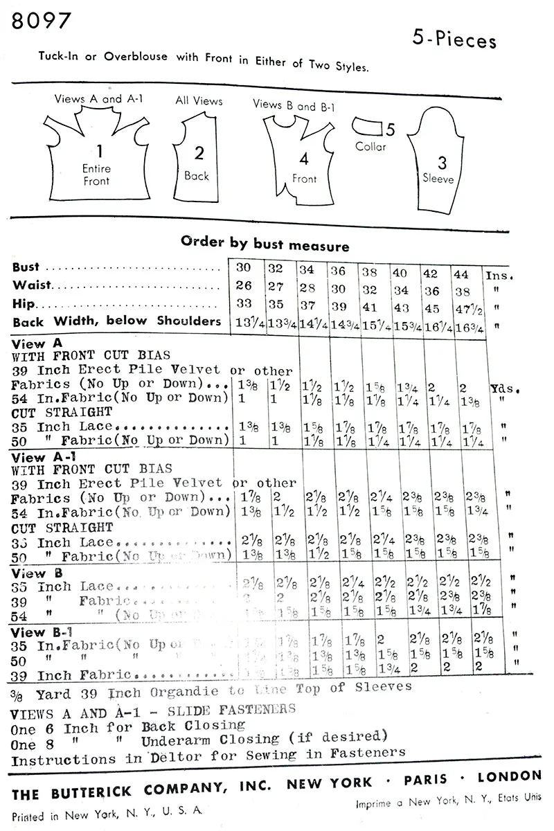 1930s Butterick 8097 Vintage 1940s Blouse Pattern