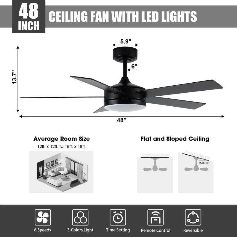 48" 5 - Blade Modern Black Ceiling Fan with LED Lights and Remote Control