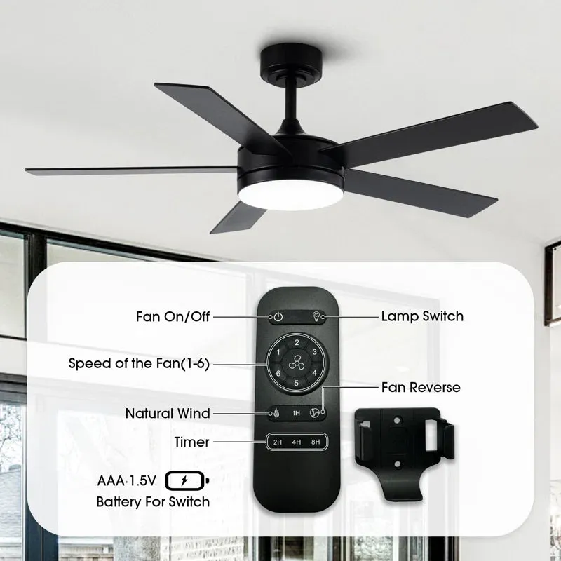 48" 5 - Blade Modern Black Ceiling Fan with LED Lights and Remote Control