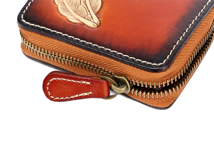 Around Zip Coffee Tooled Leather Card Wallet Mens Feather Zipper Card Holder for Men