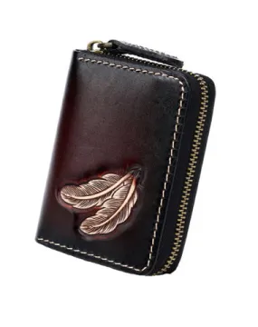 Around Zip Coffee Tooled Leather Card Wallet Mens Feather Zipper Card Holder for Men