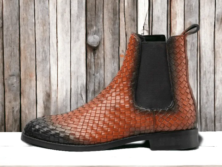 Awesome Handmade Men's Brown Woven Leather Chelsea Boots, Men Fashion Dress Ankle Boots