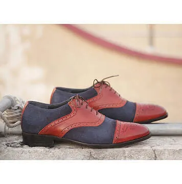 Awesome Handmade Men's Burgundy Leather Navy Blue Suede Cap Toe Brogue Shoes, Men Dress Formal Lace Up Shoes