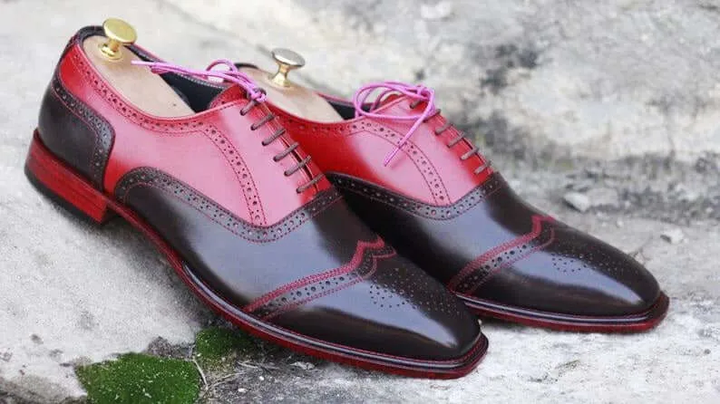 Awesome Handmade Men's Red Brown Leather Wing Tip Brogue Shoes, Men Dress Formal Lace Up Shoes