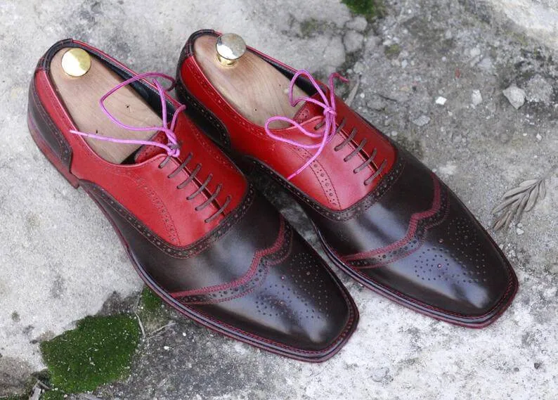 Awesome Handmade Men's Red Brown Leather Wing Tip Brogue Shoes, Men Dress Formal Lace Up Shoes