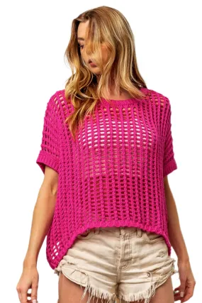 BiBi Round Neck Short Sleeve Openwork Knit Cover Up