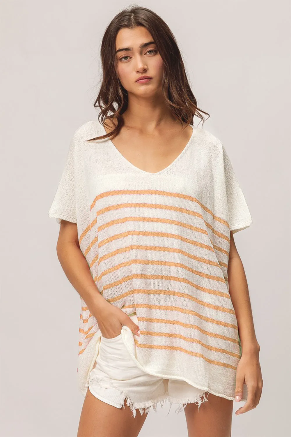 BiBi V Neck Striped Short Sleeve Top - Apricot