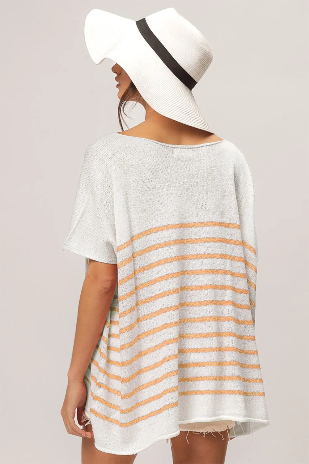 BiBi V Neck Striped Short Sleeve Top - Apricot