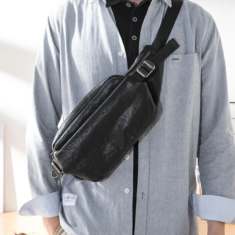 Black Casual Leather Mens 8inches Sling Bag Chest Bag Black One Shoulder Backpack for Men