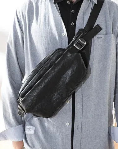 Black Casual Leather Mens 8inches Sling Bag Chest Bag Black One Shoulder Backpack for Men