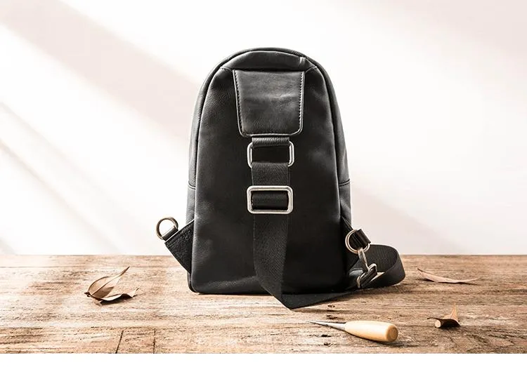 Black Casual Leather Mens Sling Bag Chest Bags Black One Shoulder Backpack Sling Pack for Men