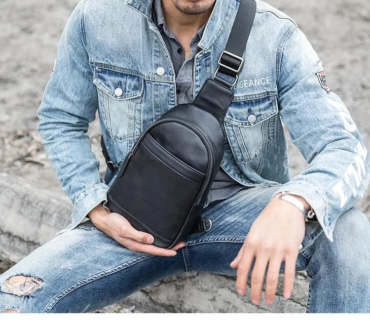 Black Casual Leather Mens Sling Bag Chest Bags Black One Shoulder Backpack Sling Pack for Men