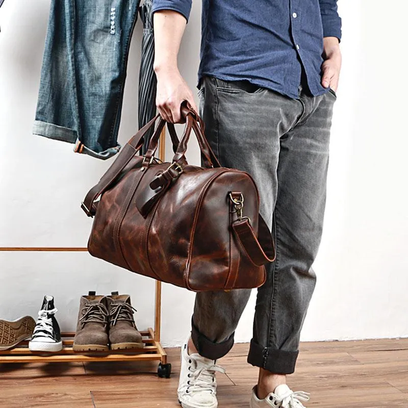 Black Leather Mens Casual Large Travel Bags Shoulder Weekender Bag Brown Duffle Bag For Men