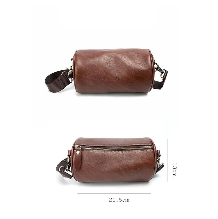 Black Leather Mens Small Casual Bucket Bag Barrel Messenger Bags Brown Postman Bag For Men