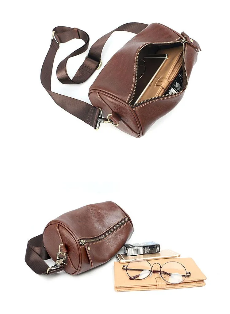 Black Leather Mens Small Casual Bucket Bag Barrel Messenger Bags Brown Postman Bag For Men