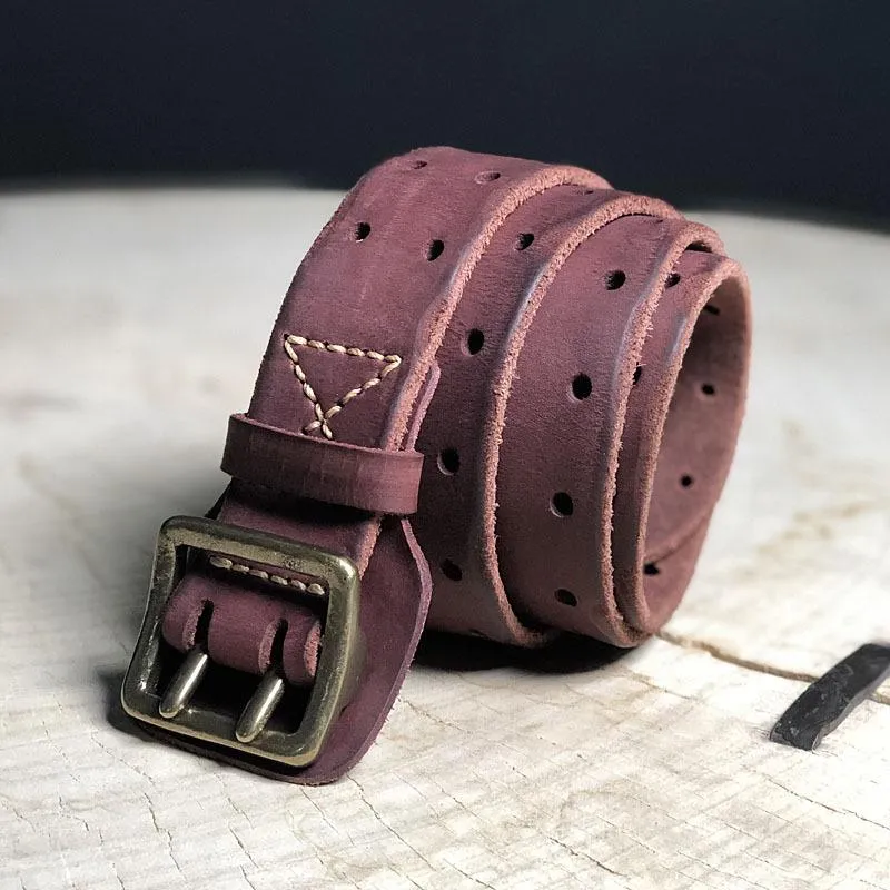 Black Washed Denim Leather Double Pins Belt Mens Red Brown Belt Men Brown Belt for Men