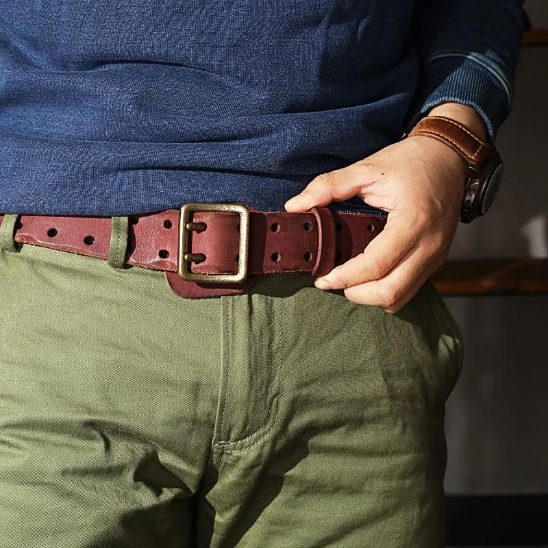 Black Washed Denim Leather Double Pins Belt Mens Red Brown Belt Men Brown Belt for Men