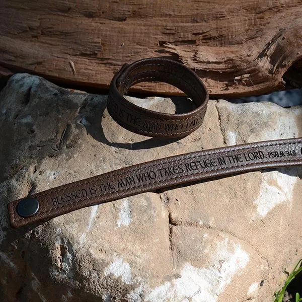 Blessed is the Man Who Takes Refuge In the Lord, Psalm 34:8 - Engraved Italian Leather Bracelet