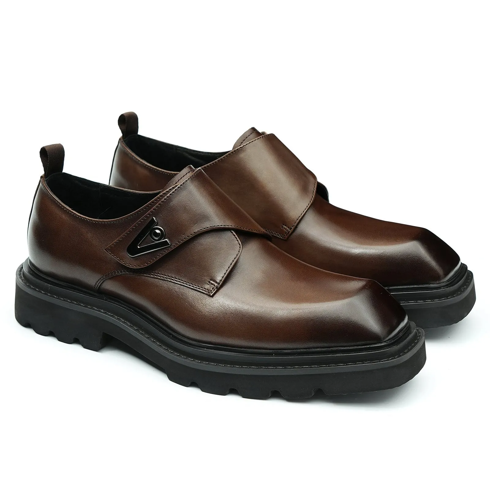 Brown leather monk strap shoes