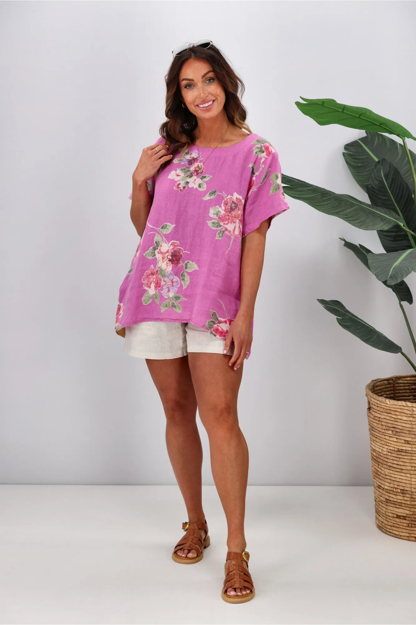 Cali & Co Floral Linen Top Hot Pink