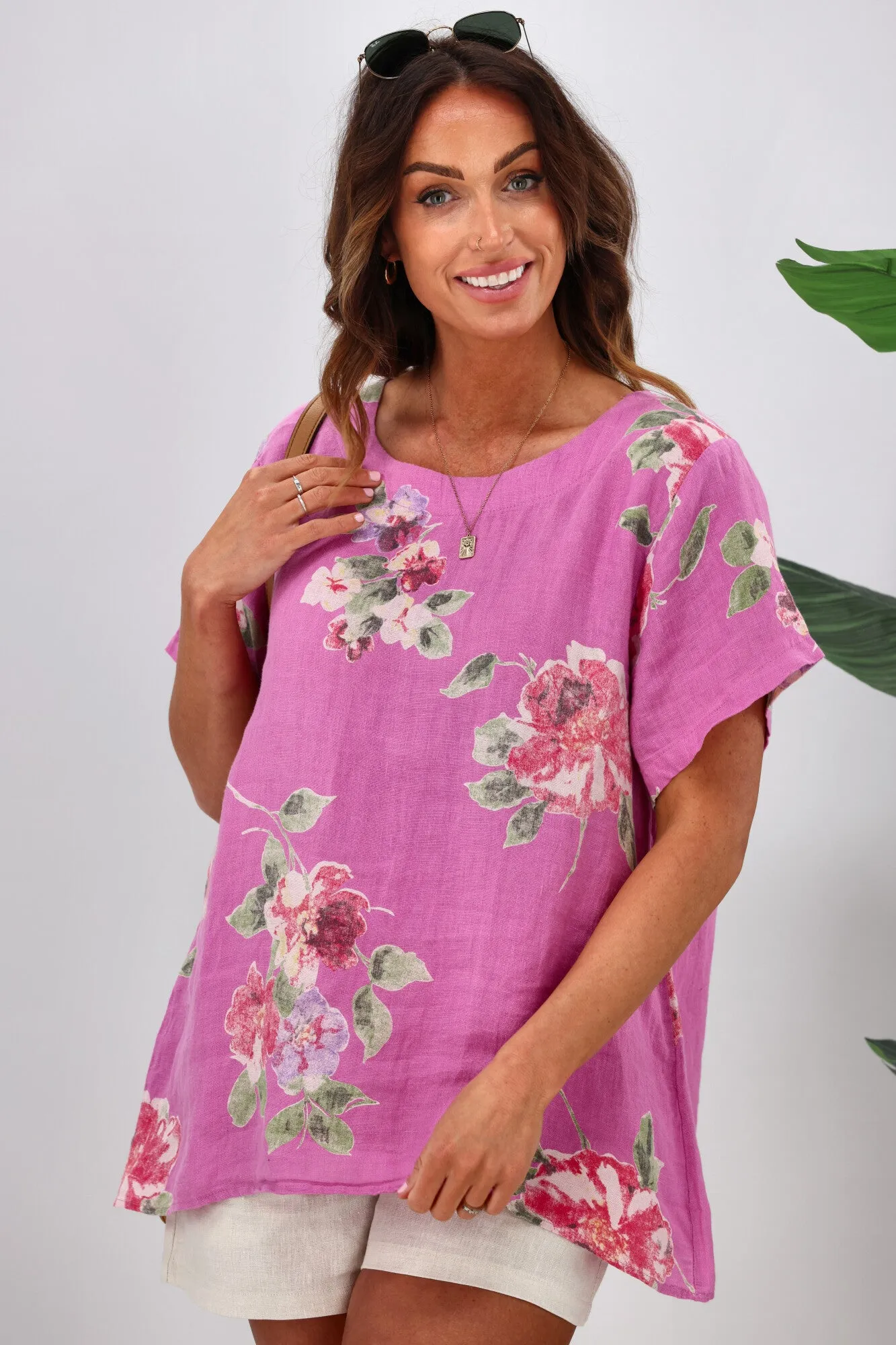 Cali & Co Floral Linen Top Hot Pink