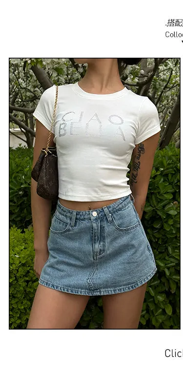 CIAO BELLA Graphic Shimmer Letter Short Sleeve White Slim Cropped Top