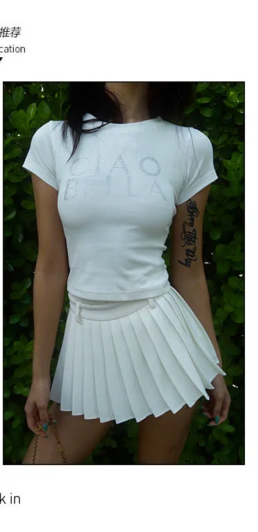 CIAO BELLA Graphic Shimmer Letter Short Sleeve White Slim Cropped Top