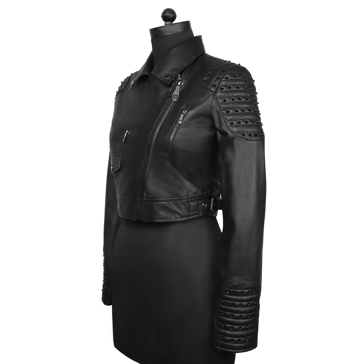 Classic Studded Black Leather Short Ladies Biker Jacket By Brune & Bareskin