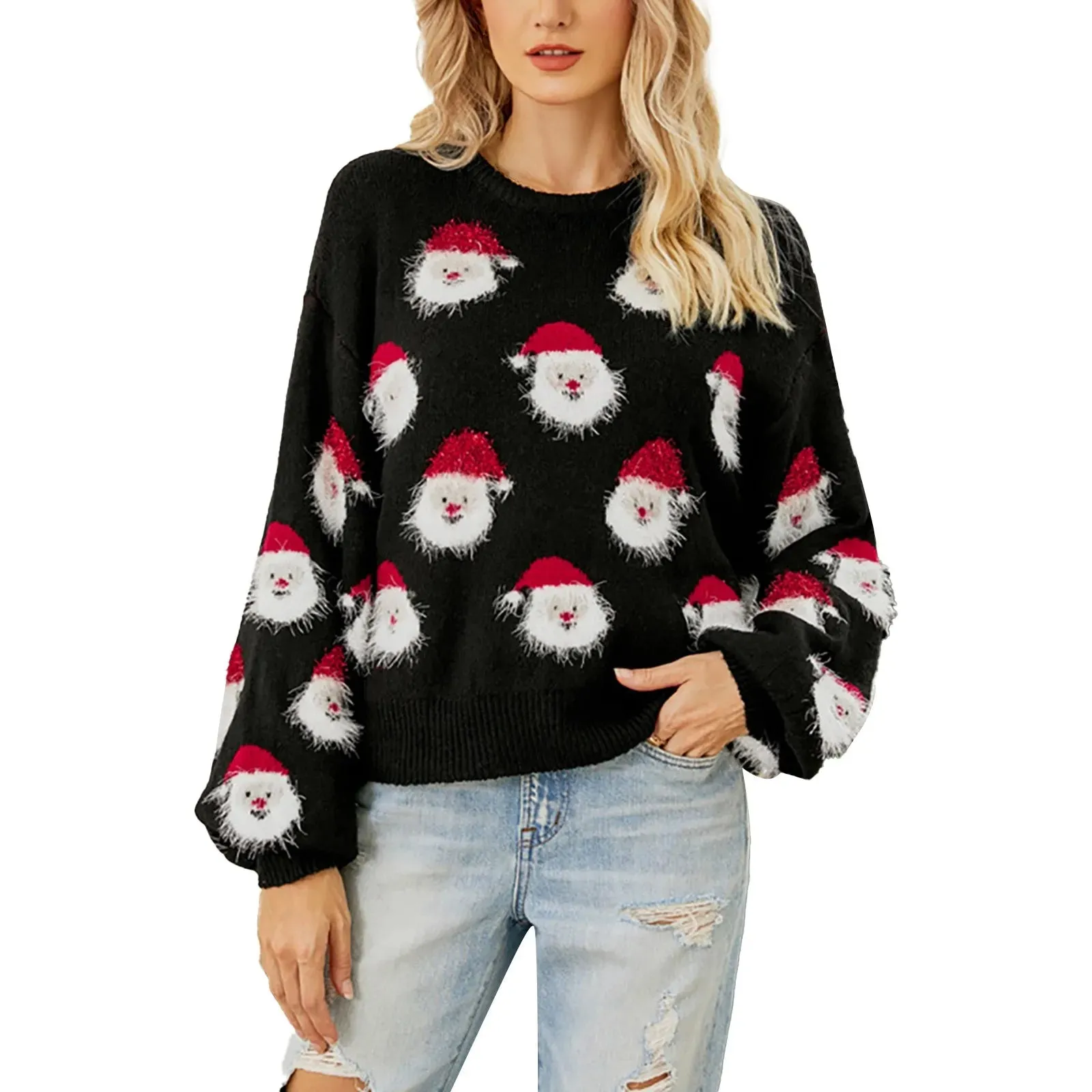 Cute Cozy Warm Festive Comfortable Casual Fleece Knitted Santa Head Crewneck Pullover Sweater