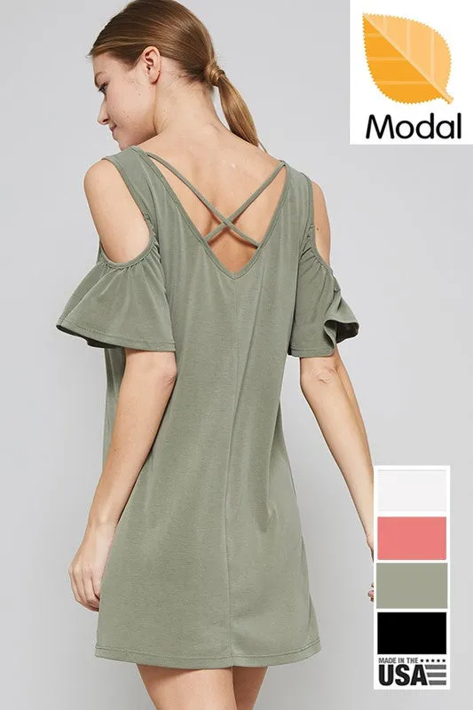 Cutout Modal Dress W/ Ruffled Sleeves