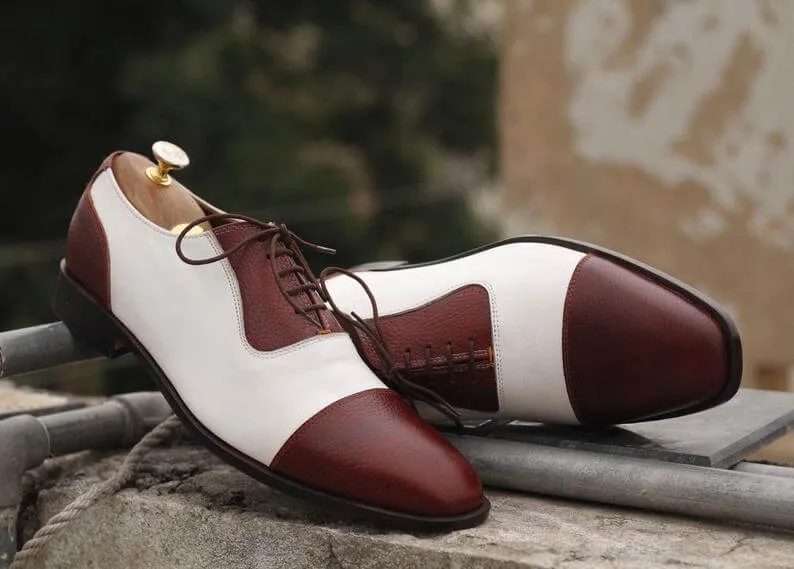 Elegant Handmade Men's Burgundy White Leather Cap Toe Lace Up Shoes, Men Dress Formal Luxury Shoes