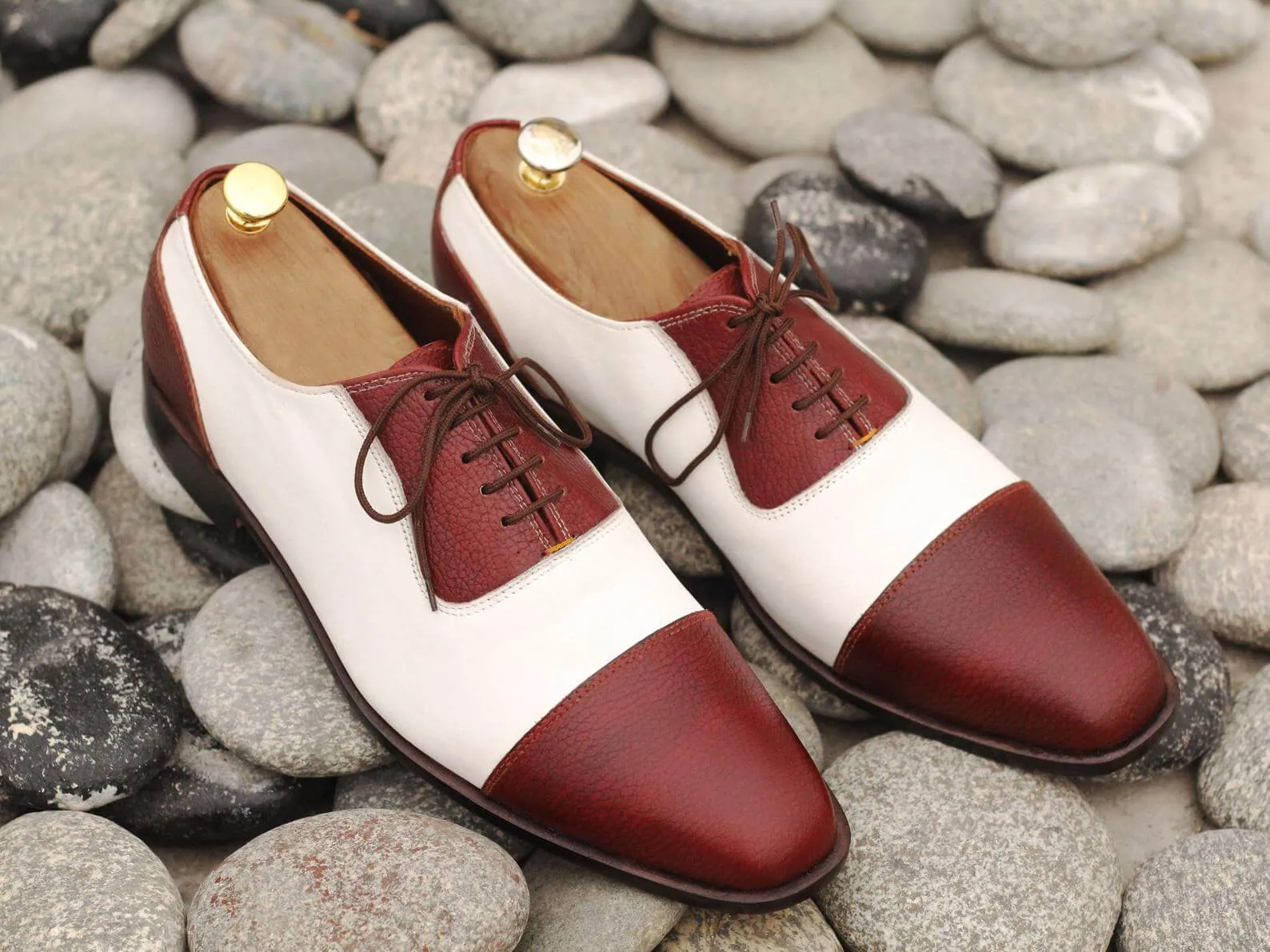 Elegant Handmade Men's Burgundy White Leather Cap Toe Lace Up Shoes, Men Dress Formal Luxury Shoes