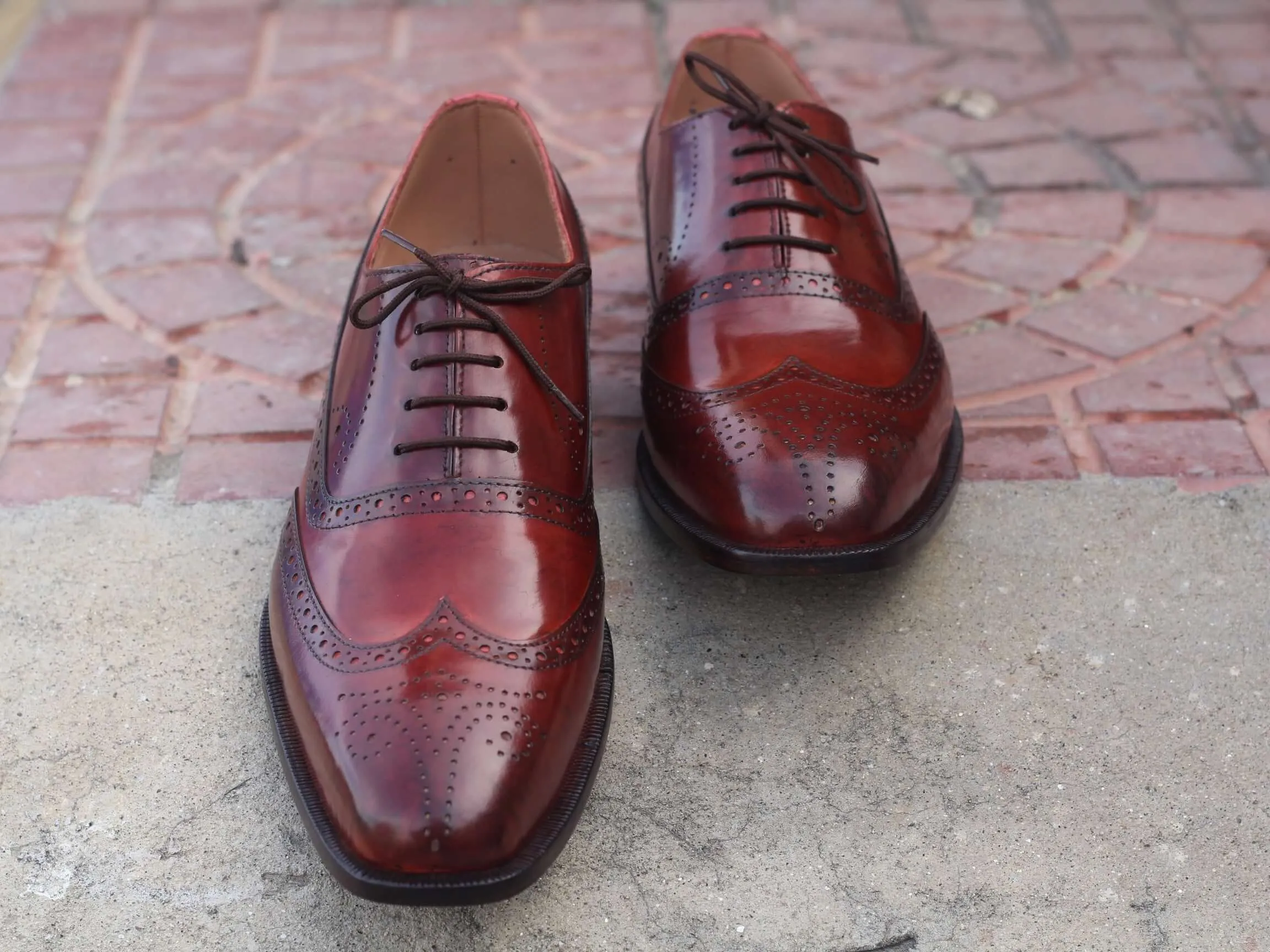 Elegant Handmade Men's Burgundy Wing Tip Brogue Shoes, Men Leather Designer Shoes