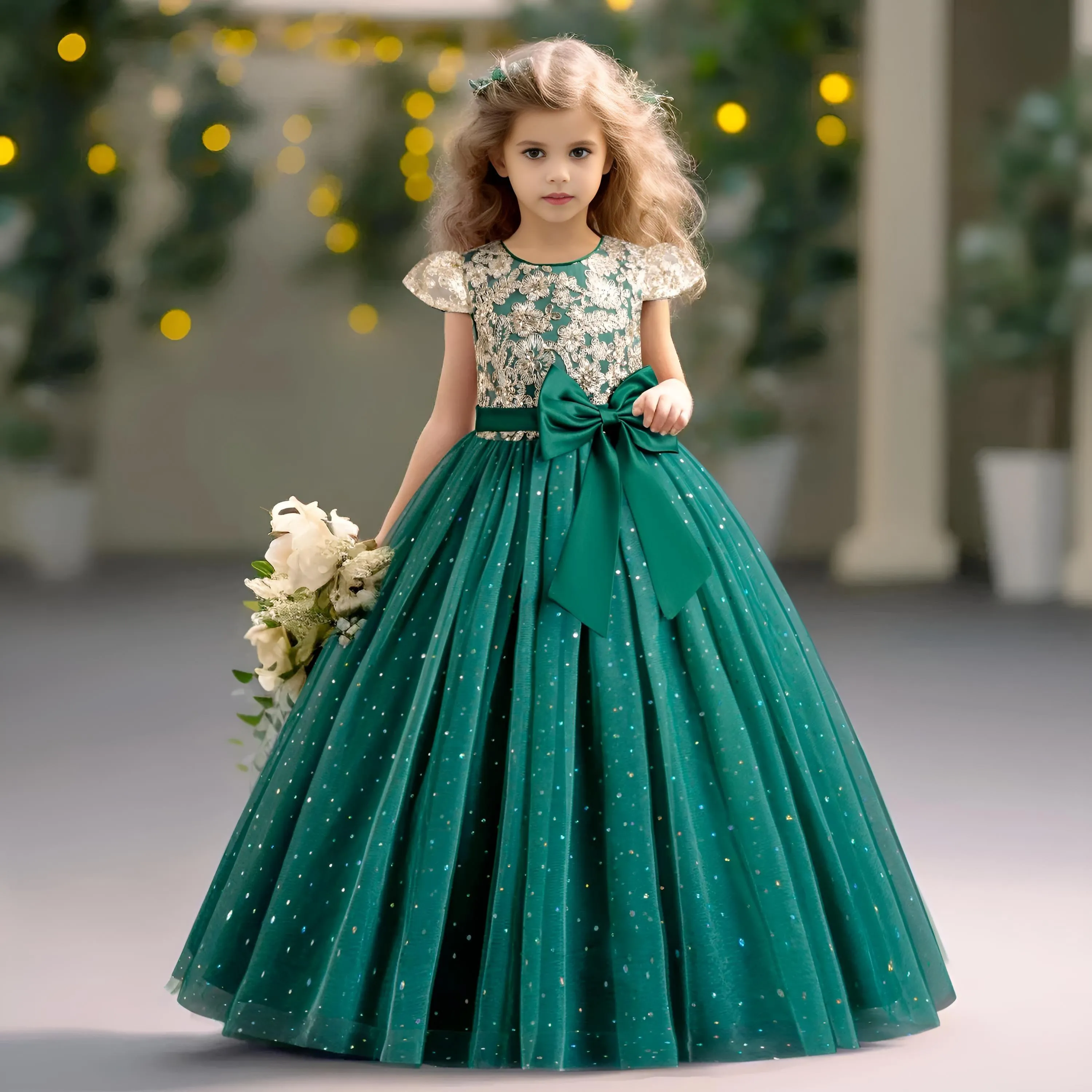 Elegant Kids Dresses for Girls Wedding Children Bow Flower Girl Long Gown Princess Birthday Party Embroidery 4-10 Y