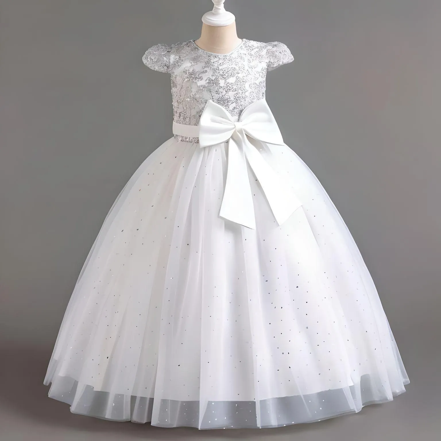 Elegant Kids Dresses for Girls Wedding Children Bow Flower Girl Long Gown Princess Birthday Party Embroidery 4-10 Y