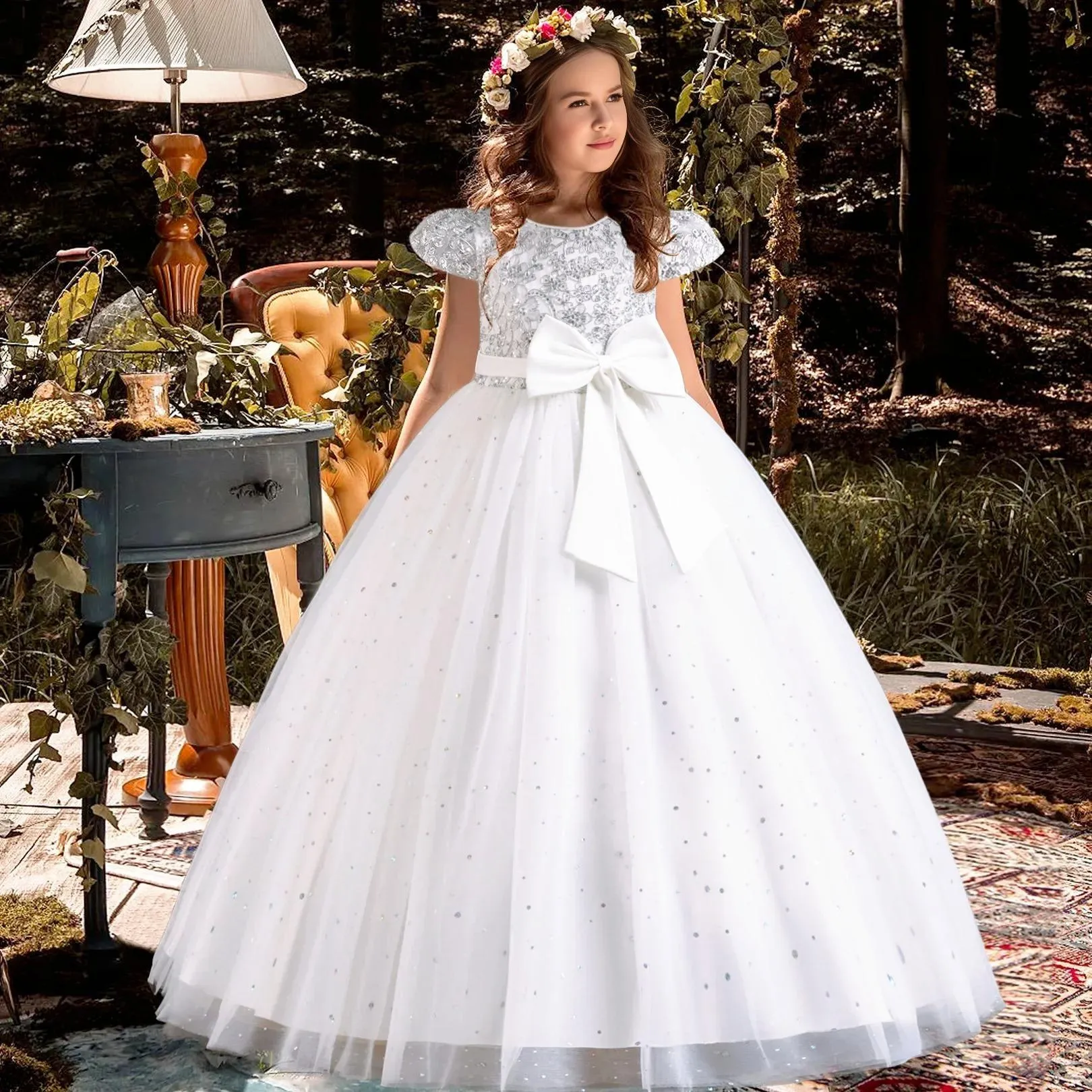 Elegant Kids Dresses for Girls Wedding Children Bow Flower Girl Long Gown Princess Birthday Party Embroidery 4-10 Y