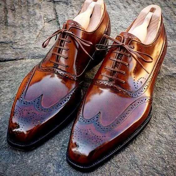 Elegant Men's handmade Wing Tip Brogue Brown Leather Shoes, custom made dress men shoes