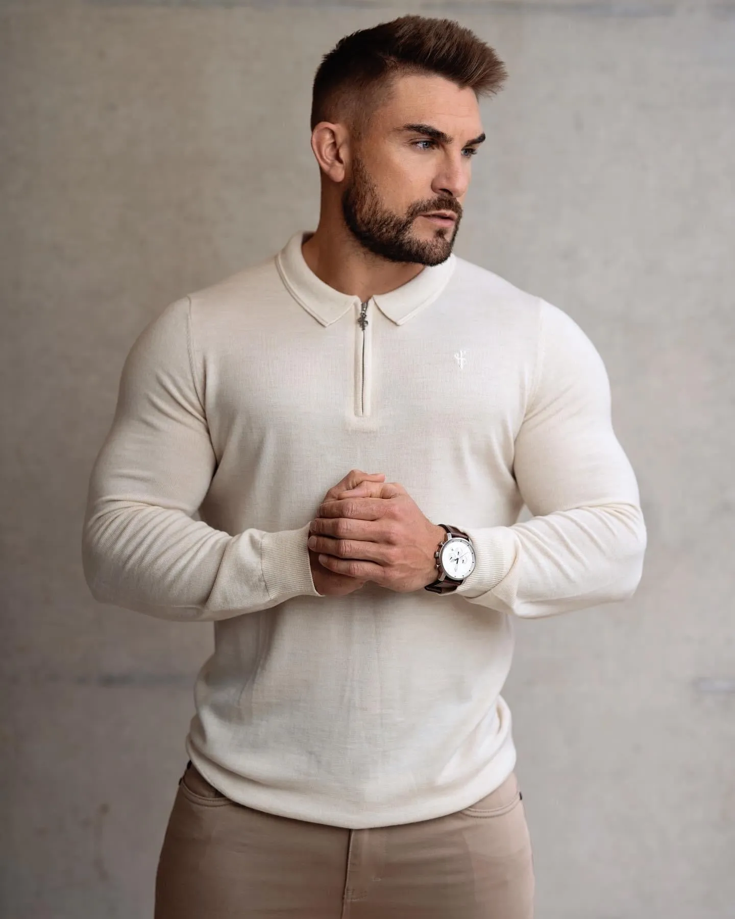 Father Sons Classic Beige Merino Wool Knitted Zip Polo Long Sleeve Sweater With FS Embroidery- FSN008