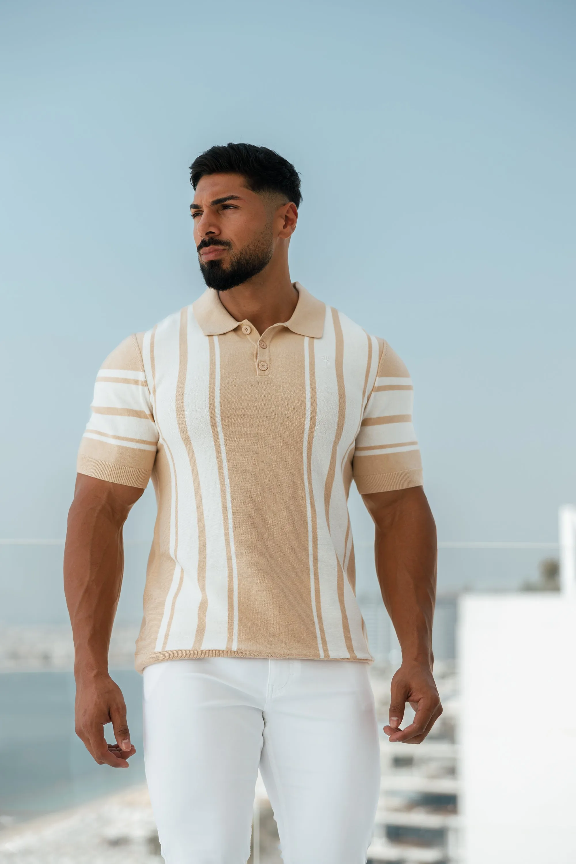 Father Sons Classic Beige / Off White Knitted Vertical Stripe Polo Short Sleeve - FSN107