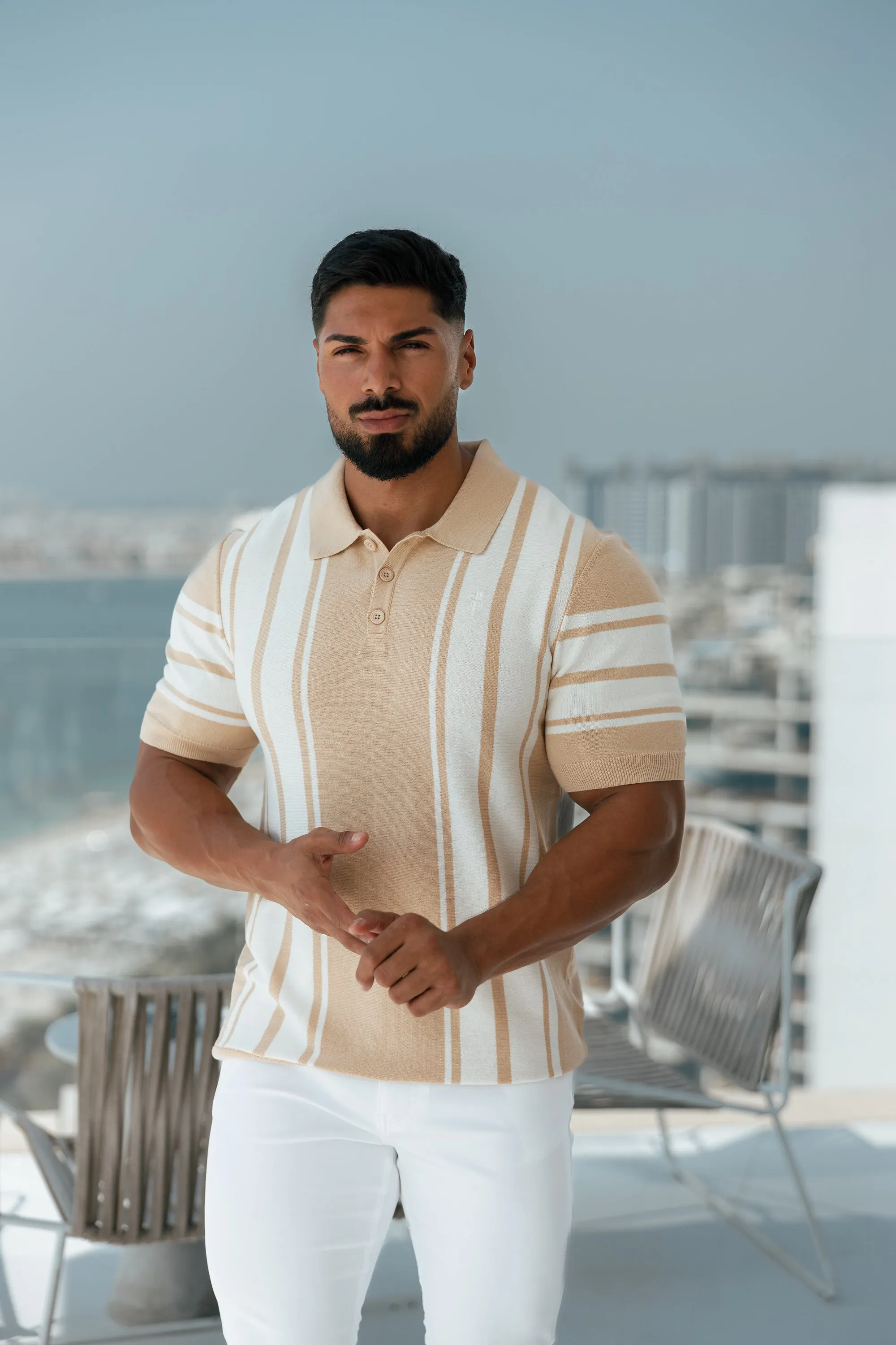 Father Sons Classic Beige / Off White Knitted Vertical Stripe Polo Short Sleeve - FSN107