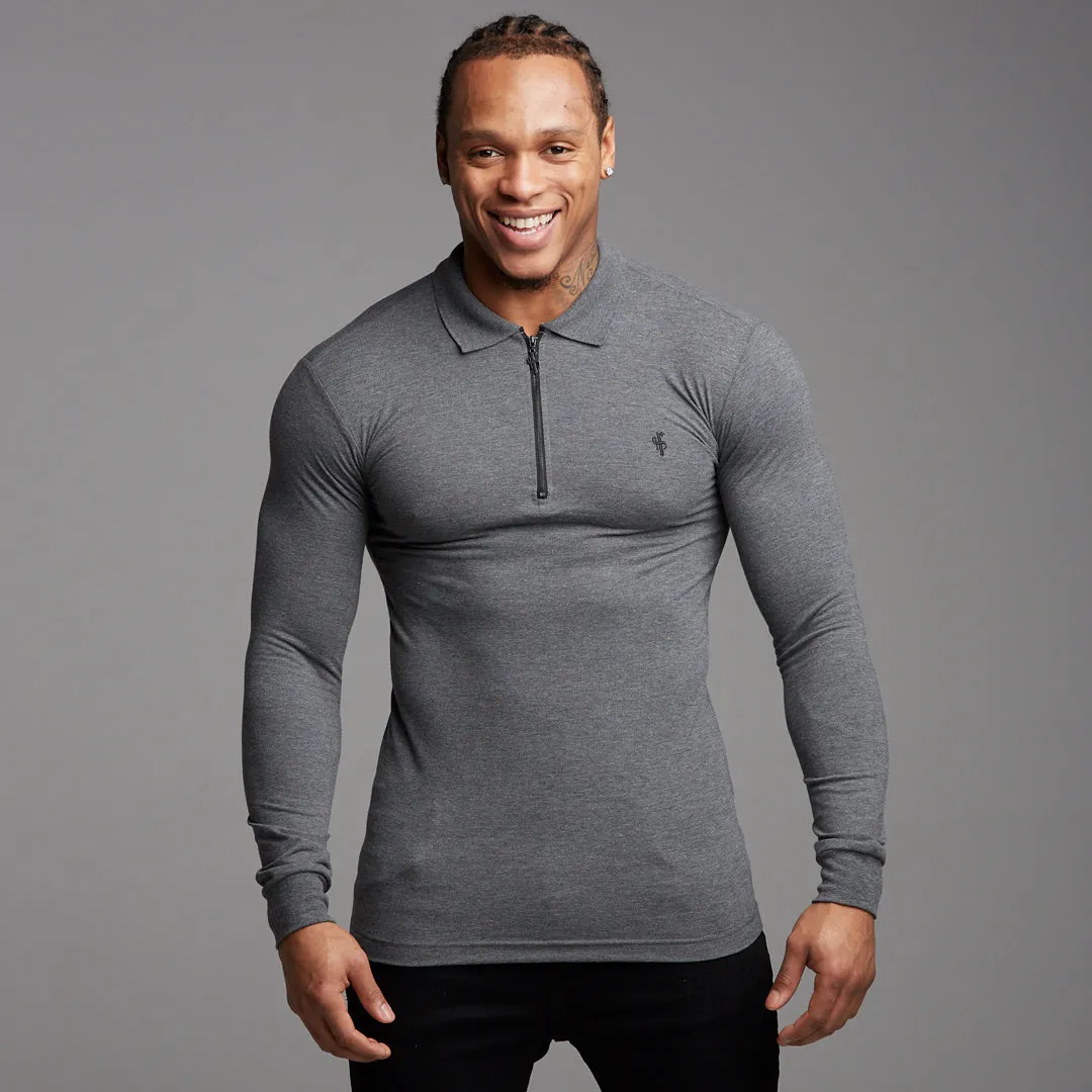 Father Sons Classic Dark Grey Zipped Polo Long Sleeve Shirt - FSH026