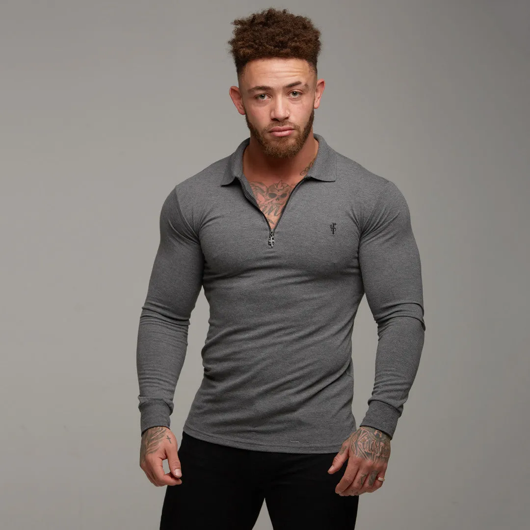 Father Sons Classic Dark Grey Zipped Polo Long Sleeve Shirt - FSH026