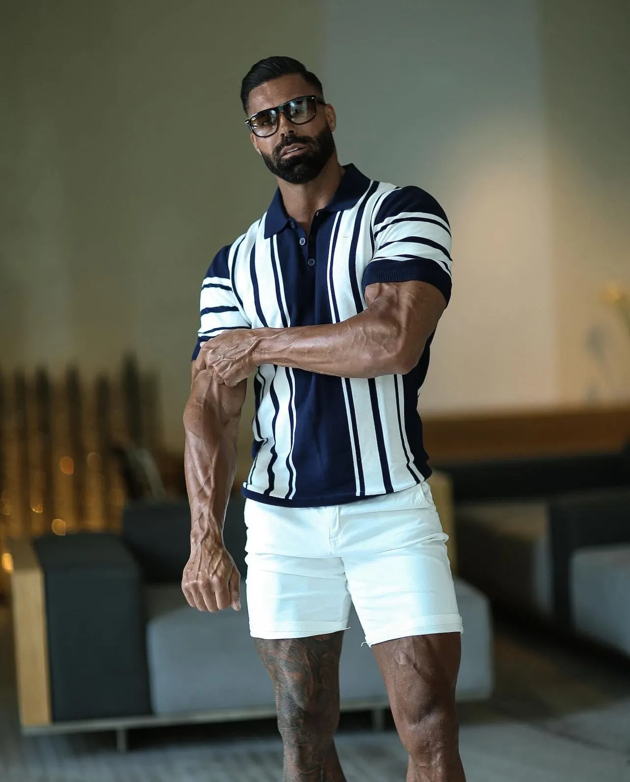 Father Sons Classic Navy / Off White Knitted Vertical Stripe Polo Short Sleeve - FSN105