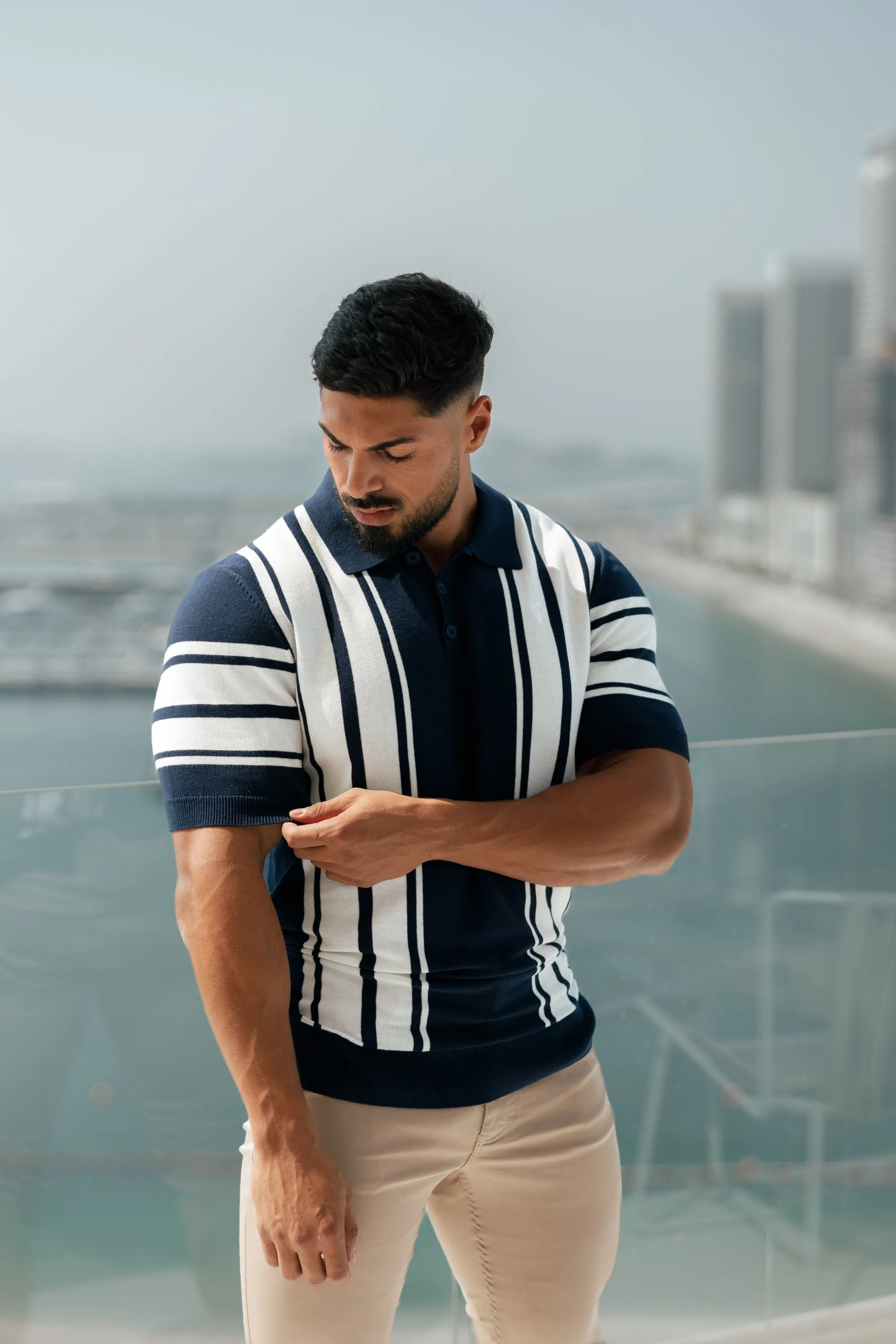 Father Sons Classic Navy / Off White Knitted Vertical Stripe Polo Short Sleeve - FSN105