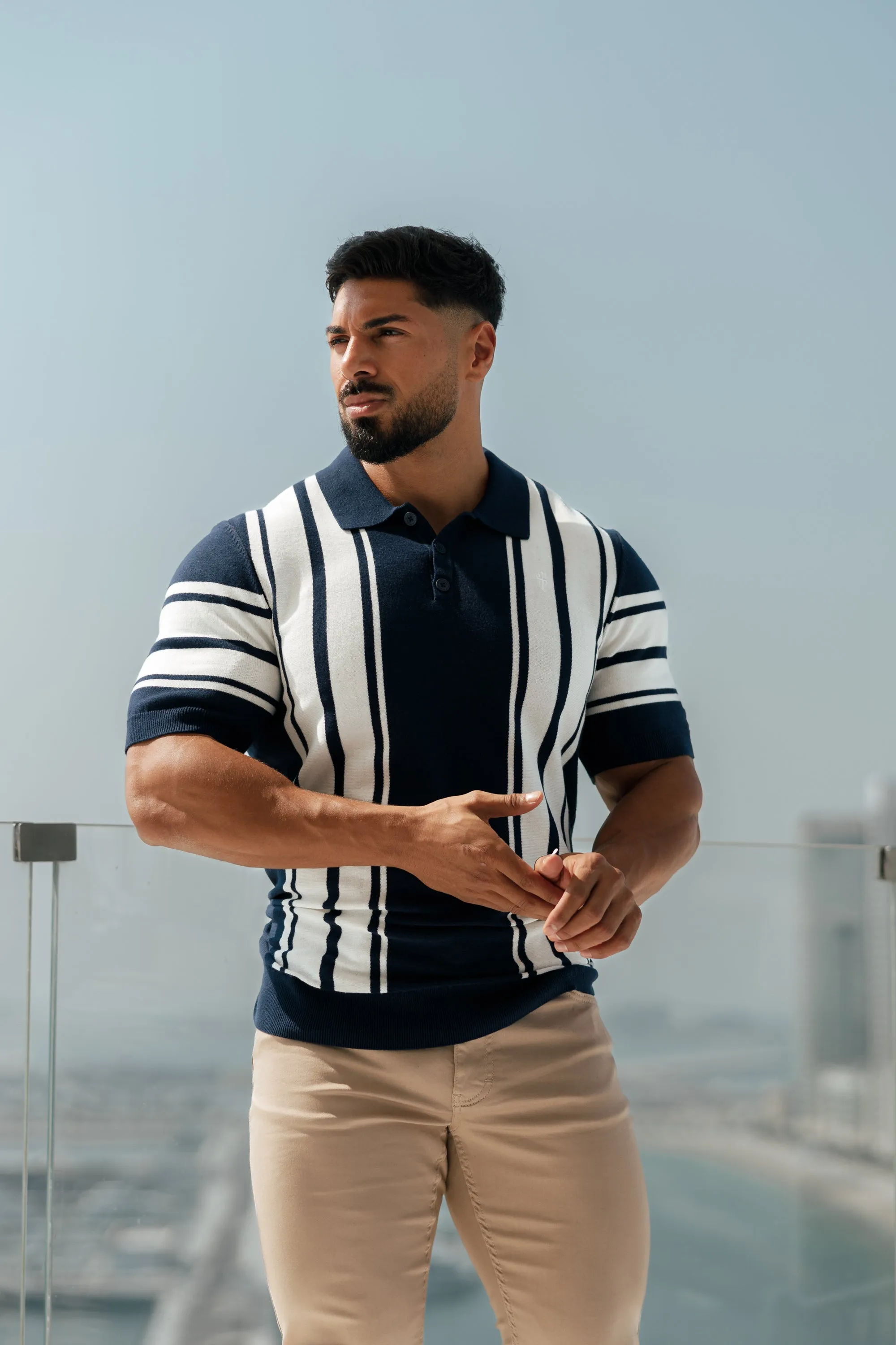 Father Sons Classic Navy / Off White Knitted Vertical Stripe Polo Short Sleeve - FSN105