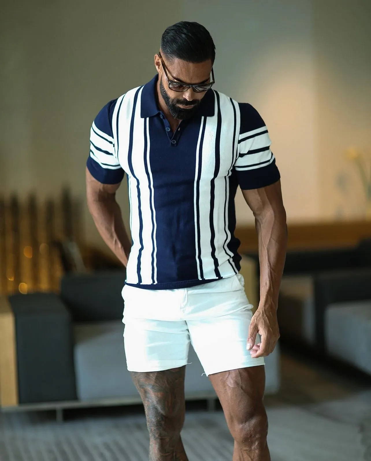 Father Sons Classic Navy / Off White Knitted Vertical Stripe Polo Short Sleeve - FSN105