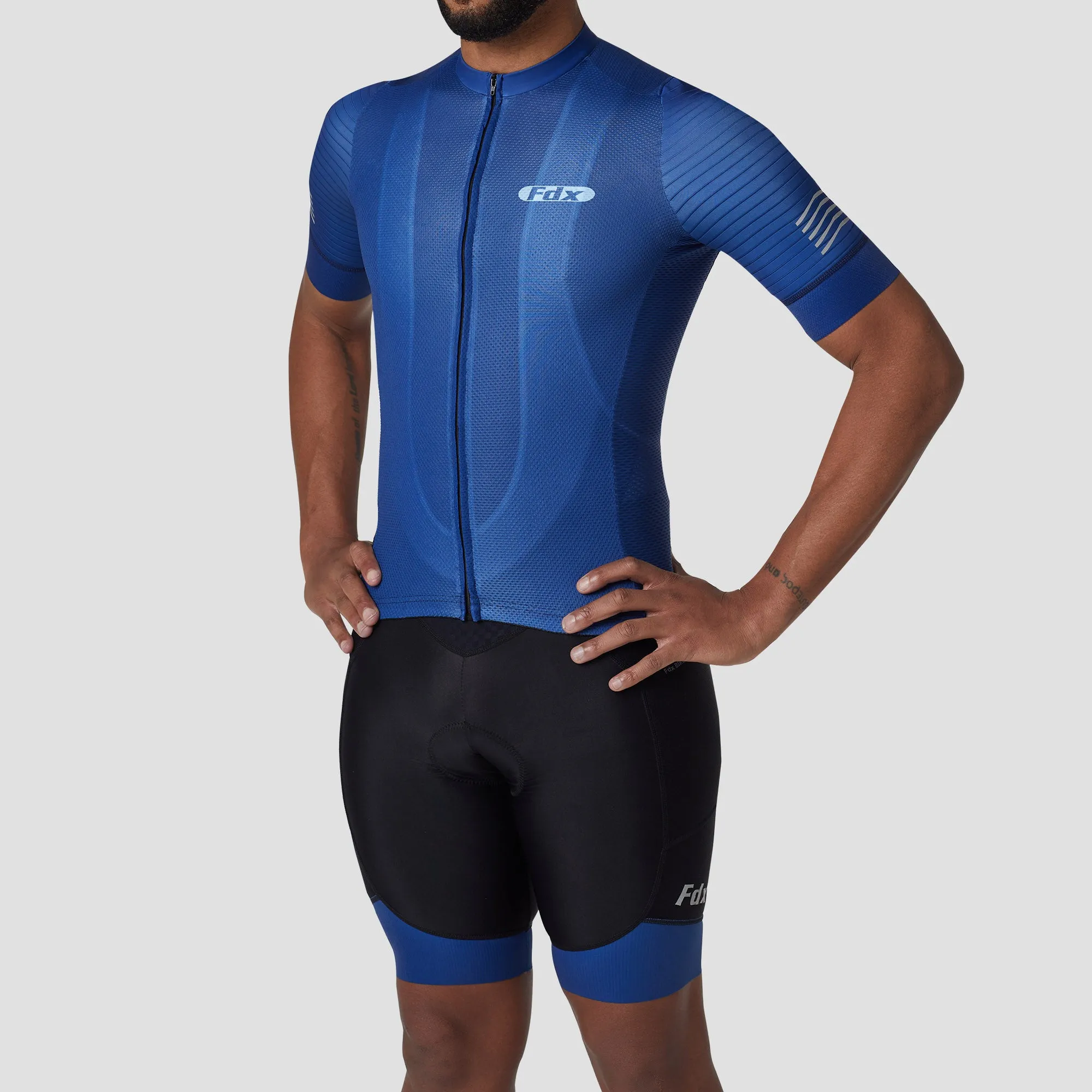 Fdx Men's & Boy's Set Essential Blue Short Sleeve Summer Cycling Jersey & Cargo Bib Shorts