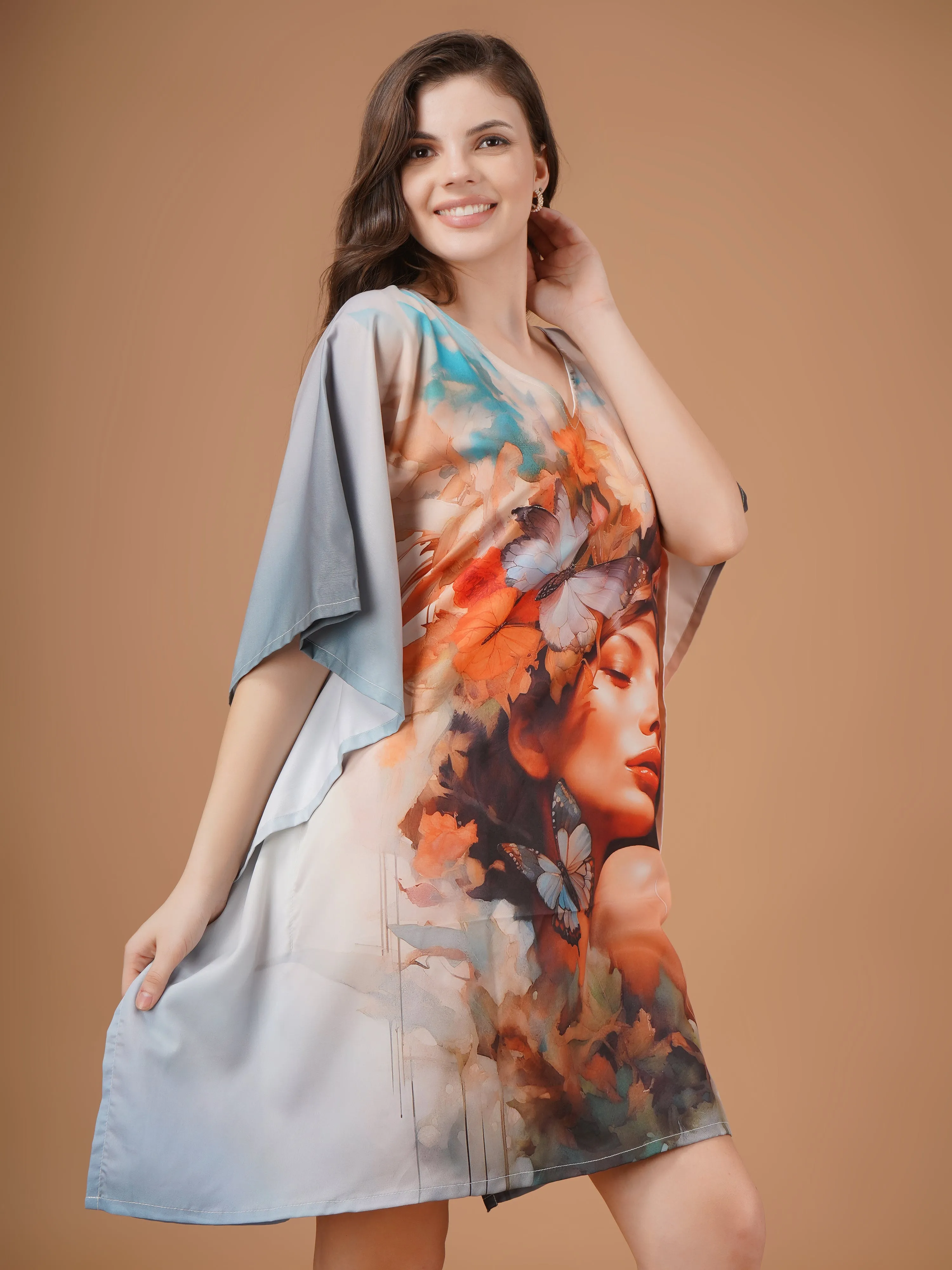 Feminity Digital Printed Feather silk Fabric Kaftan Midi Dress