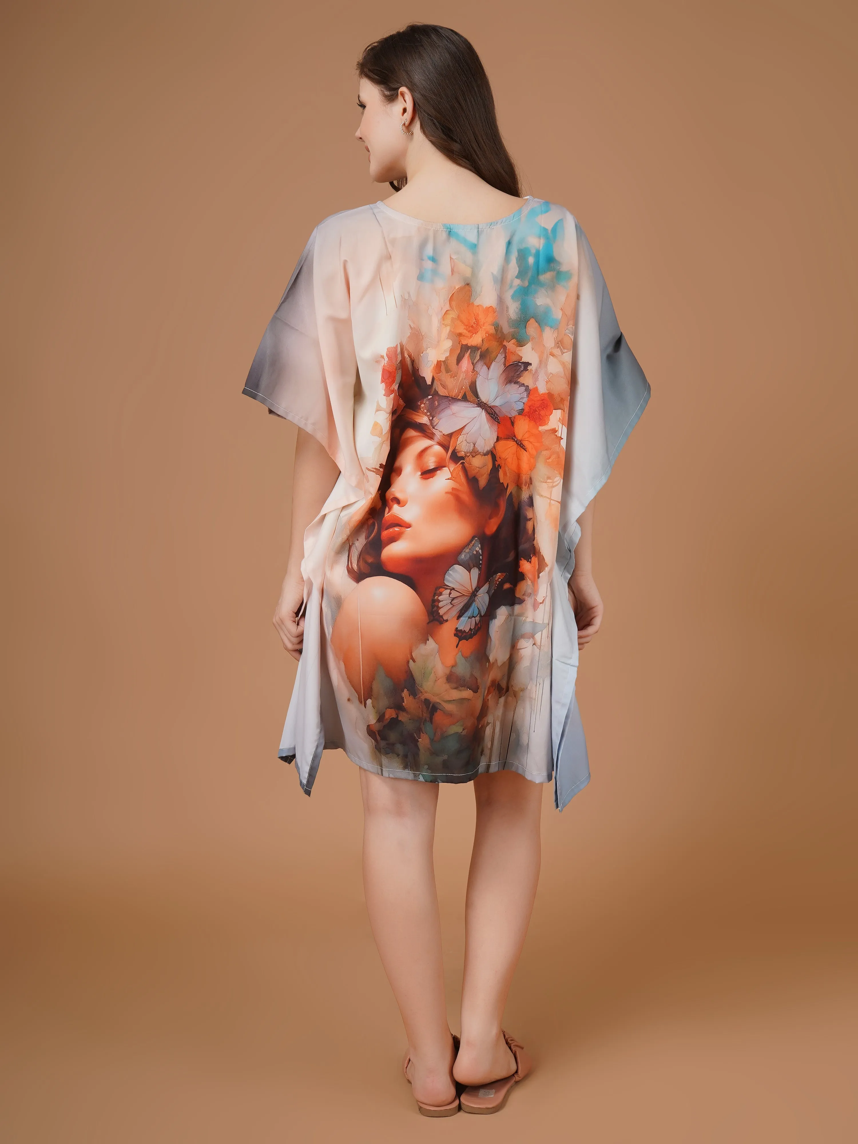 Feminity Digital Printed Feather silk Fabric Kaftan Midi Dress