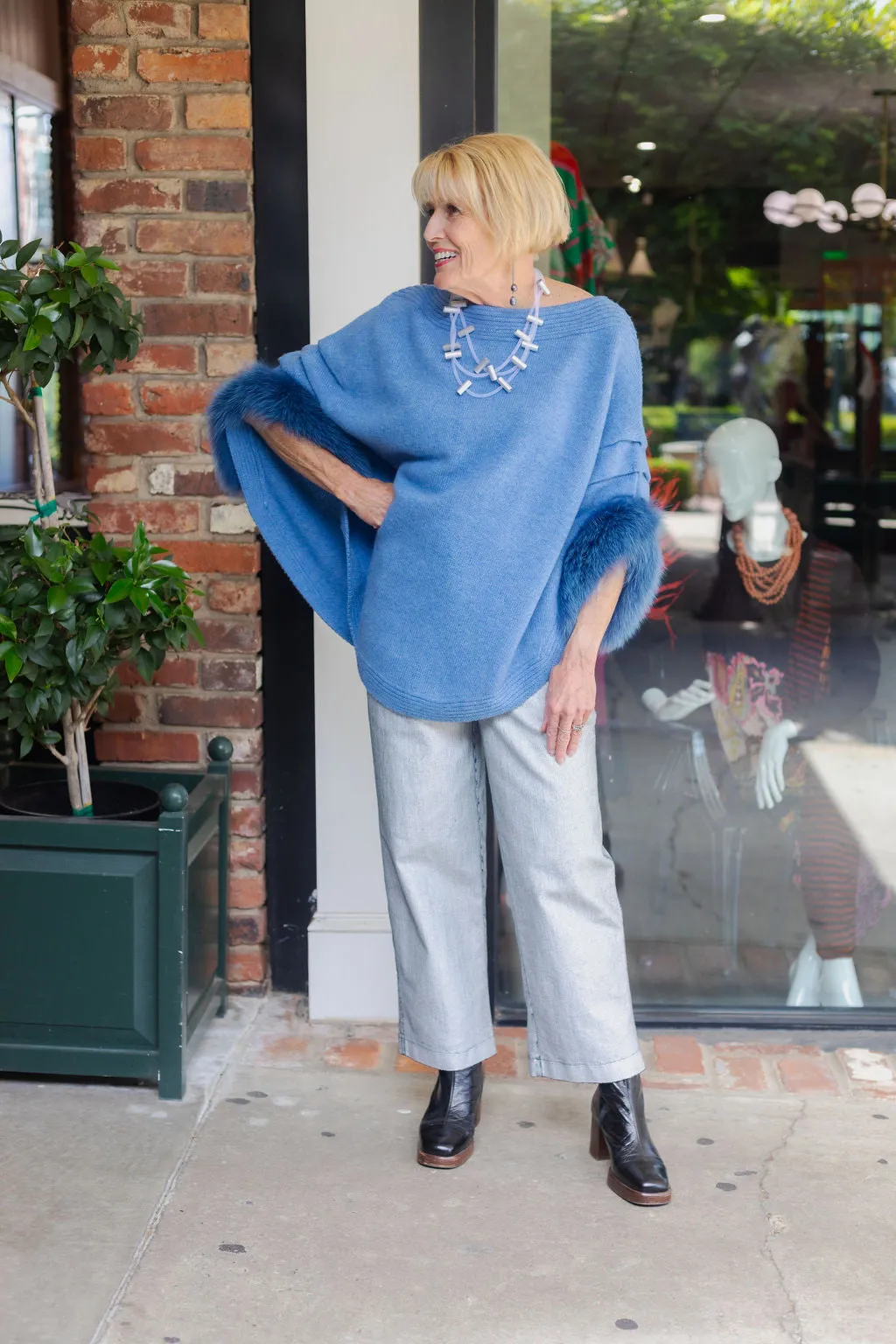 Fox Trim Poncho | Denim